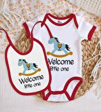 BK Kids Welcome Little One Tasarımlı Kırmızı Bebek Body Zıbın ve Mama Önlüğü Hediye Seti-1