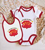 BK Kids You Are My Hero Dad Tasarımlı Kırmızı Bebek Body Zıbın ve Mama Önlüğü Hediye Seti-1