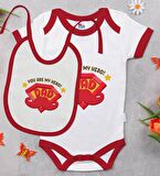 BK Kids You Are My Hero Dad Tasarımlı Kırmızı Bebek Body Zıbın ve Mama Önlüğü Hediye Seti-1
