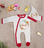 BK Kids Kişiye Özel Çiçek Tasarımlı Kırmızı Tulum Zıbın ve Kukuletalı Şapka Seti-1