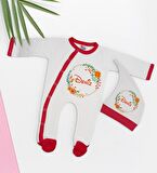 BK Kids Kişiye Özel Çiçek Tasarımlı Kırmızı Tulum Zıbın ve Kukuletalı Şapka Seti-1