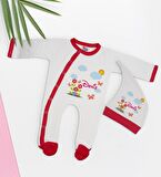 BK Kids Kişiye Özel Çiçek Tasarımlı Kırmızı Tulum Zıbın ve Kukuletalı Şapka Seti-3