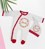 BK Kids Kişiye Özel Çiçek Tasarımlı Kırmızı Tulum Zıbın ve Kukuletalı Şapka Seti-4