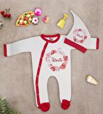 BK Kids Kişiye Özel Çiçek Tasarımlı Kırmızı Tulum Zıbın ve Kukuletalı Şapka Seti-6