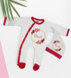 BK Kids Kişiye Özel Çiçek Tasarımlı Kırmızı Tulum Zıbın ve Kukuletalı Şapka Seti-9