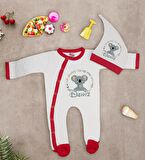 BK Kids Kişiye Özel Sevimli Koala Tasarımlı Kırmızı Tulum Zıbın ve Kukuletalı Şapka Seti-1