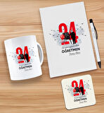 BK Gift Kişiye Özel İsimli Öğretmenler Günü Tasarımlı Beyaz Defter, Tükenmez Kalem, Kupa ve Bardak A