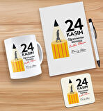 BK Gift Kişiye Özel İsimli Öğretmenler Günü Tasarımlı Beyaz Defter, Tükenmez Kalem, Kupa ve Bardak A