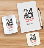 BK Gift Kişiye Özel İsimli Öğretmenler Günü Tasarımlı Beyaz Defter, Tükenmez Kalem, Kupa ve Bardak A