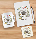 BK Gift Kişiye Özel İsimli Öğretmenler Günü Tasarımlı Beyaz Defter, Tükenmez Kalem, Kupa ve Bardak A