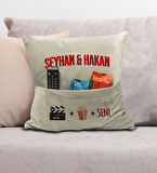 BK Gift Kişiye Özel Tasarımlı Organizer Kumanda ve Atıştırmalık Cepli Krem Kırlent Yastık- 1, Ev Dek