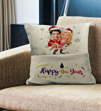 BK Gift Kişiye Özel Yılbaşı Karikatür Tasarımlı Organizer Kumanda ve Atıştırmalık Cepli Krem Kırlent