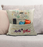 BK Gift Kişiye Özel Yılbaşı Tasarımlı Organizer Kumanda ve Atıştırmalık Cepli Krem Kırlent Yastık, Y