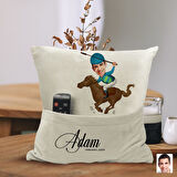 BK Gift Kişiye Özel Jokey Karikatür Tasarımlı Organizer Kumanda ve Atıştırmalık Cepli Sarı Kırlent Y