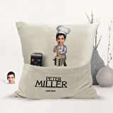 BK Gift Kişiye Özel Chef Karikatür Tasarımlı Organizer Kumanda ve Atıştırmalık Cepli Sarı Kırlent Ya