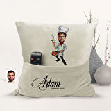 BK Gift Kişiye Özel Chef Karikatür Tasarımlı Organizer Kumanda ve Atıştırmalık Cepli Sarı Kırlent Ya