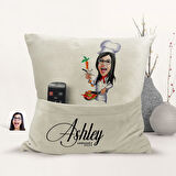 BK Gift Kişiye Özel Chef Karikatür Tasarımlı Organizer Kumanda ve Atıştırmalık Cepli Sarı Kırlent Ya