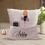 BK Gift Kişiye Özel Ponpon Kız Karikatür Tasarımlı Organizer Kumanda ve Atıştırmalık Cepli Pembe Kır