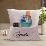 BK Gift Kişiye Özel Eczacı Karikatür Tasarımlı Organizer Kumanda ve Atıştırmalık Cepli Pembe Kırlent