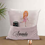 BK Gift Kişiye Özel Buz Pateni Karikatür Tasarımlı Organizer Kumanda ve Atıştırmalık Cepli Pembe Kır