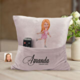 BK Gift Kişiye Özel Buz Pateni Karikatür Tasarımlı Organizer Kumanda ve Atıştırmalık Cepli Pembe Kır