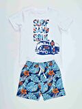 Surf Erkek Çocuk Beyaz T-shirt Tropik Şort Yazlık Takım