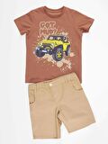 Jeep Erkek Çocuk Kahverengi T-shirt Gabardin Bej Şort Yazlık Takım