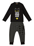 Süper Kahraman Erkek Çocuk Siyah T-shirt Gri Pantolon Takım