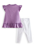 Çiçekli Kedi Kız Çocuk Mor T-shirt Tayt Takım