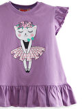 Çiçekli Kedi Kız Çocuk Mor T-shirt Tayt Takım