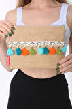 Baghashtag Renkli Pon Pon Püsküllü Jüt Clutch Bez Çanta