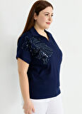 Selen Gömlek Yaka Payetli Lacivert Kadın Bluz 25YSL8076-BB