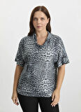 Selen Degaje Yaka Leopar Desenli Gri Kadın Bluz 25KSL8208
