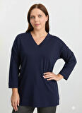 Selen V Yaka Düz Lacivert Kadın Bluz 25KSL8214