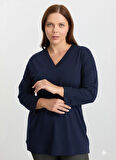 Selen V Yaka Düz Lacivert Kadın Bluz 25KSL8214
