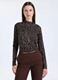 Selen Balıkçı Yaka Leopar Desenli Kahve Kadın Bluz 25KSL8271
