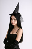 Halloween Cadılar Bayramı Siyah Güllü Tüllü Mini Cadı Şapkası Şeklinde Taç Parti Aksesuarı