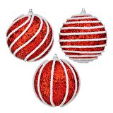 Yılbaşı Lüks Ağaç Süsü Top Süs Çizgili 8cm 3lü Kırmızı
