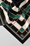 Twill Gold Detaylı Kareli Desenli Petrol Yeşili Renkli 90x90 Eşarp (İpek İçermez) Kenar Dikiş Şekli El Dikişli