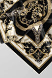 Twill Barok Desenli Siyah Renkli 90x90 Eşarp (İpek İçermez) Kenar Dikiş Şekli El Dikişli