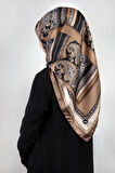 Twill Şal Desenli Bej Renkli 90x90 Eşarp (İpek İçermez) Kenar Dikiş Şekli El Dikişli