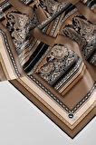 Twill Şal Desenli Bej Renkli 90x90 Eşarp (İpek İçermez) Kenar Dikiş Şekli El Dikişli