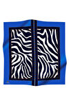 %100 Twill İpek Zebra Desenli Saks - Lacivert  Renkli 90x90 Eşarp Kenar Dikiş Şekli El Dikişli