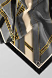 Twill Gold Çerçeveli Renkli Şerit Desenli Gri Renkli 90x90 Eşarp (İpek İçermez) Dikim Şekli : El Dikişi