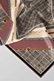 Twill Kemer ve Zincir Detaylı Ekose Desenli Gül Kurusu Renkli 90x90 Eşarp (İpek İçermez) Kenar Dikiş Şekli El Dikişli