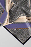 Twill Kemer ve Zincir Detaylı Ekose Desenli İndigo Renkli 90x90 Eşarp (İpek İçermez) Kenar Dikiş Şekli El Dikişli