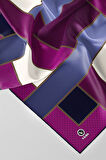 Twill Geometrik Desenli Mürdüm - İndigo Renkli 90x90 Eşarp (İpek İçermez) Kenar Dikiş Şekli El Dikişli