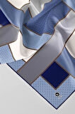 Twill Geometrik Desenli İndigo - Gri Renkli 90x90 Eşarp (İpek İçermez) Kenar Dikiş Şekli El Dikişli