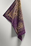 Twill Leopar Desenli Mor Renkli 90x90 Eşarp (İpek İçermez) Kenar Dikiş Şekli El Dikişli