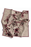Twill Gül Desenli Pudra Renkli 90x90 Eşarp (İpek İçermez) Kenar Dikiş Şekli El Dikişli